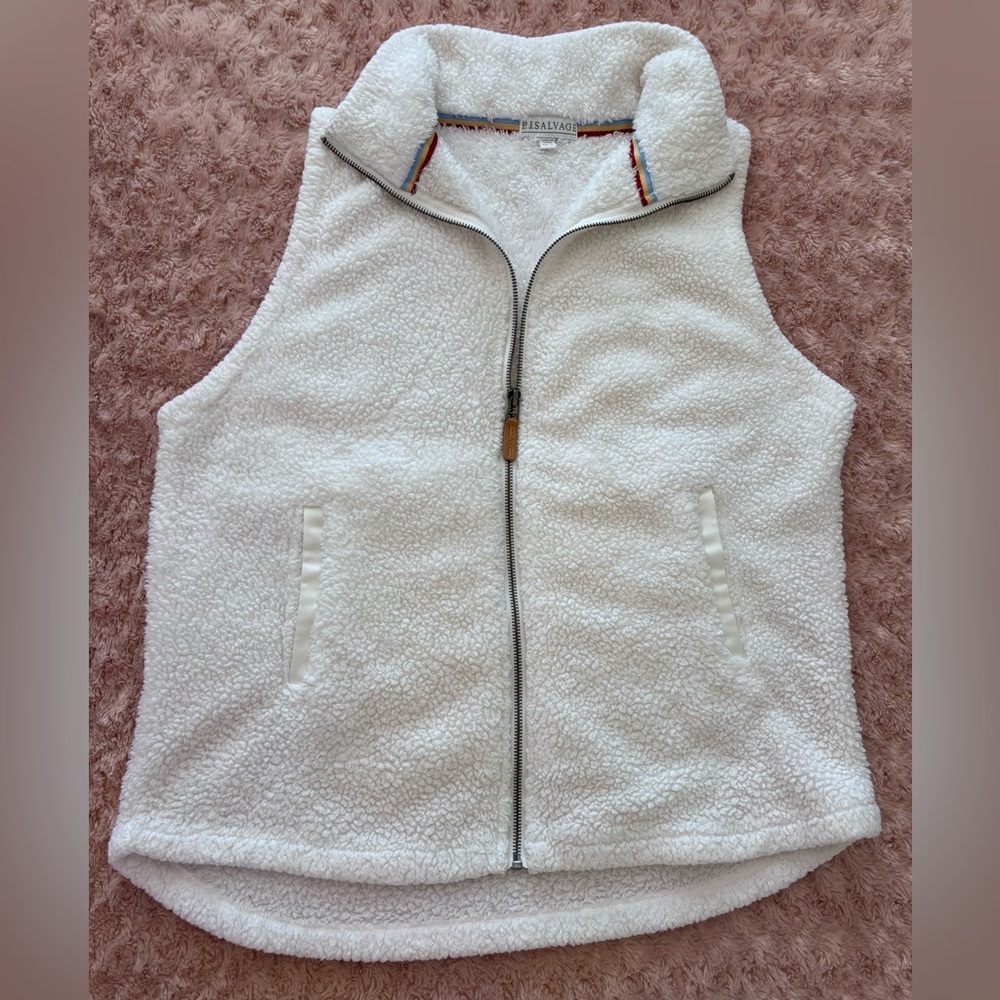 PJ Salvage Off White Sherpa Faux Fur Full Zip Vest with Pockets Size Large